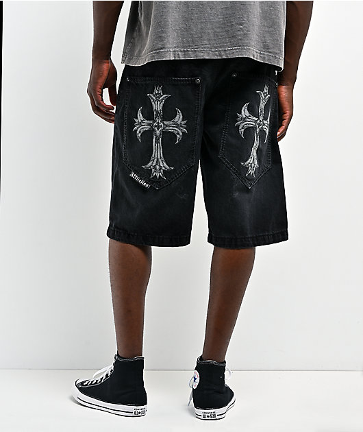 Affliction Creed Black Wash Wide Leg Denim Shorts