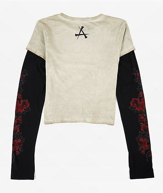 Affliction Crimson Doom White Wash & Black 2fer Long Sleeve Crop T-Shirt