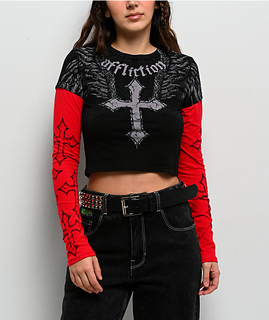 A.Fアーテファクト/ アシンメトリー LS スラブ トップ / 黒 3 Affliction Criss Cross Black & Red 2fer Long Sleeve Crop T-Shirt