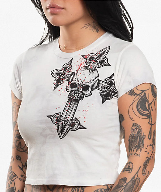 Affliction Cross White Tea Stain Wash Crop T-Shirt