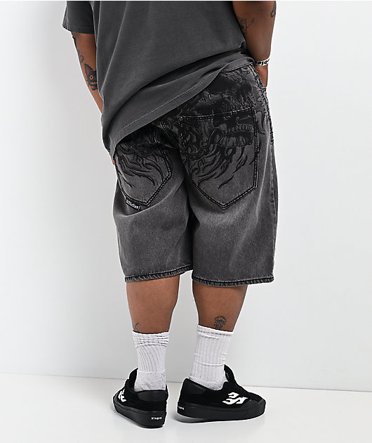 Affliction Crossed Chains Grey Wash Denim Shorts