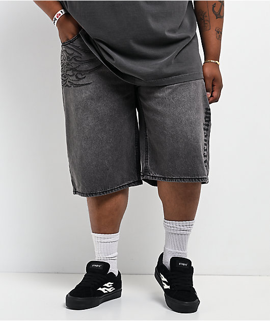 Affliction Crossed Chains Grey Wash Denim Shorts