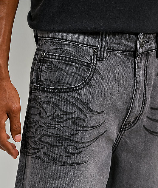 Affliction Crossed Chains Grey Wash Denim Shorts