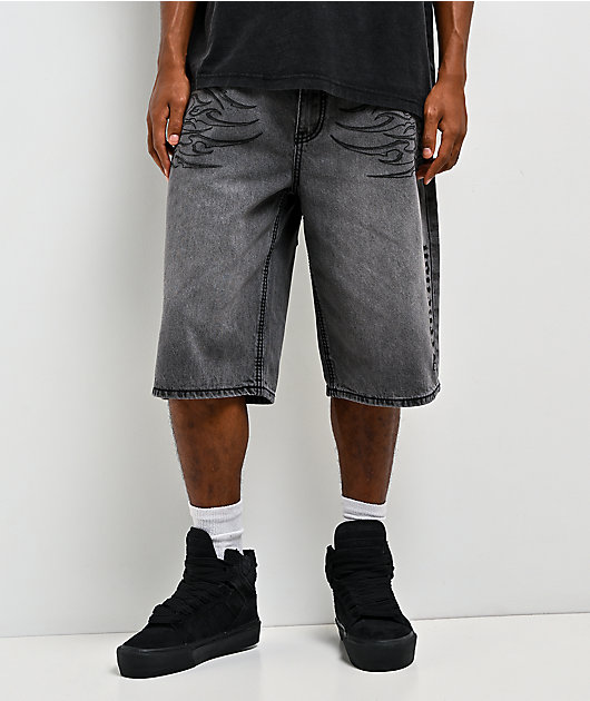 Affliction Crossed Chains Grey Wash Denim Shorts