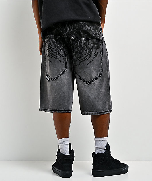 Affliction Crossed Chains Grey Wash Denim Shorts