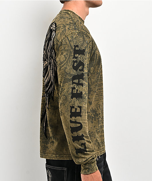 Affliction Crossed Green Long Sleeve T-Shirt