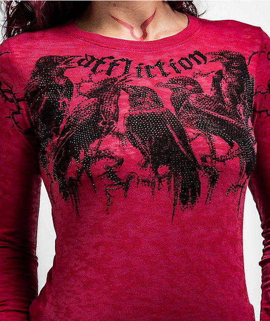 Affliction Crows Cherry Red Burnout Long Sleeve T-Shirt