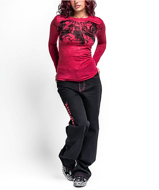 Affliction Crows Cherry Red Burnout Long Sleeve T-Shirt