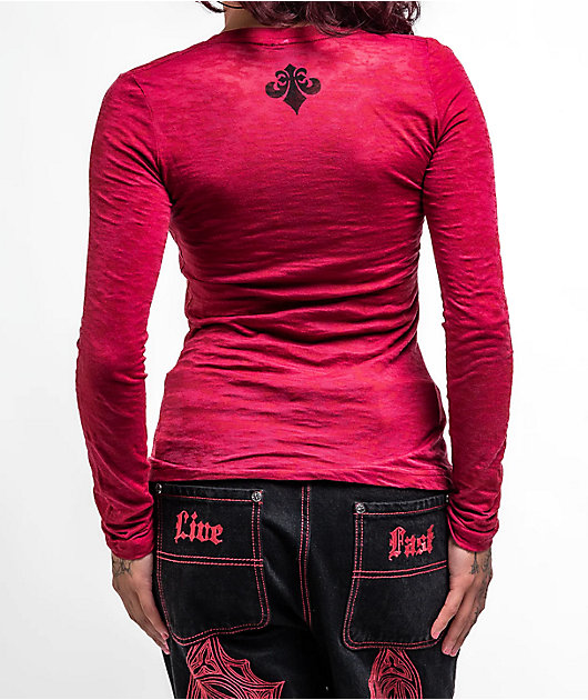 Affliction Crows Cherry Red Burnout Long Sleeve T-Shirt