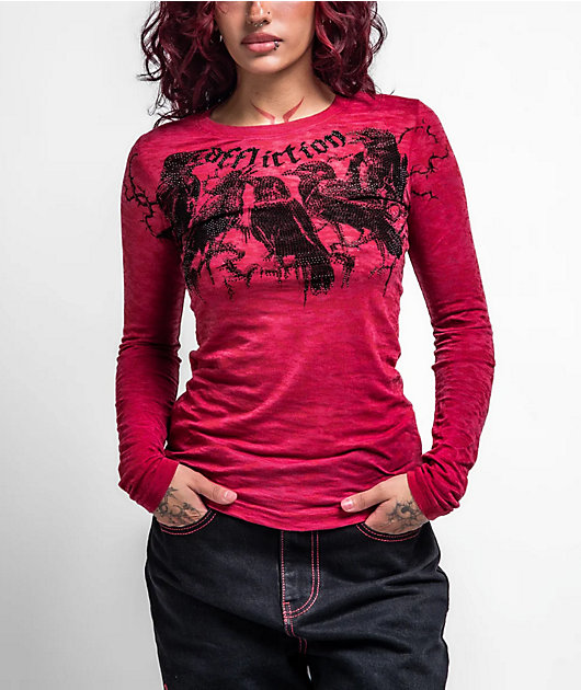 Affliction Crows Cherry Red Burnout Long Sleeve T-Shirt