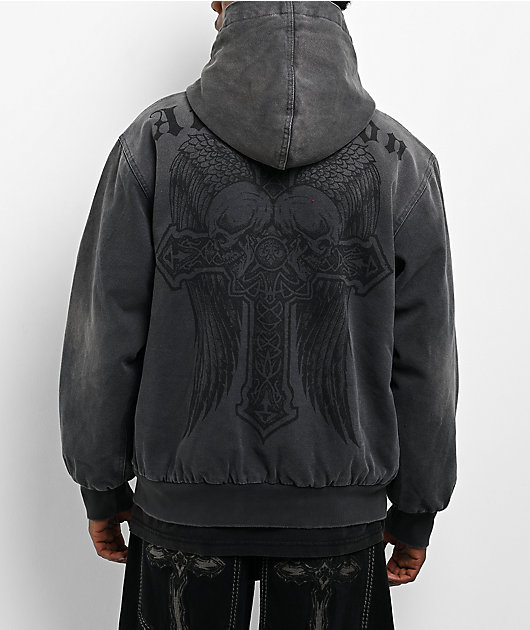 Affliction Dark Wings Charcoal Hooded Canvas Zip Jacket