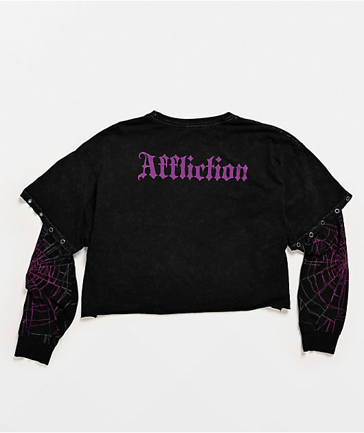 Affliction Darkness Falls Black Wash 2Fer Long Sleeve Crop T-Shirt
