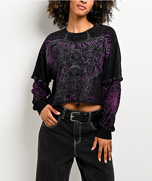 Affliction Darkness Falls Black Wash 2Fer Long Sleeve Crop T-Shirt