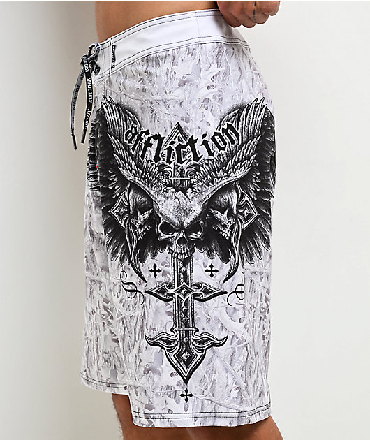 Affliction Death Eyes White Camo Board Shorts | Zumiez