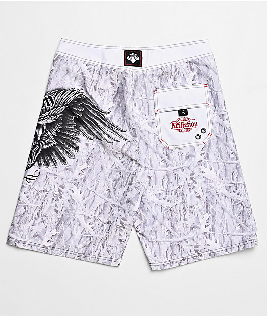Affliction Death Eyes White Camo Board Shorts | Zumiez