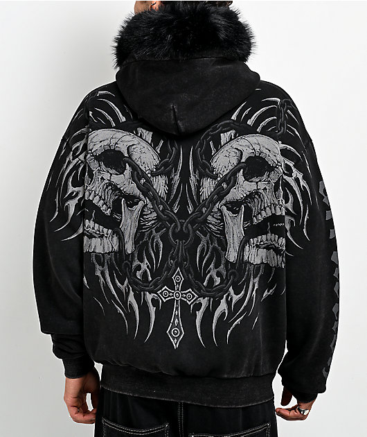 Affliction Decimation Faux Fur Black Zip Hoodie