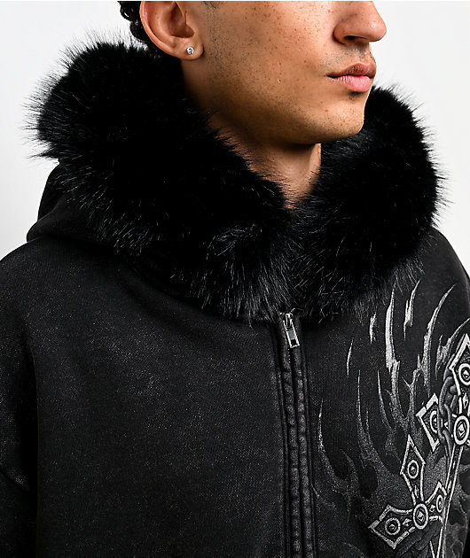 Affliction Decimation Faux Fur Black Zip Hoodie