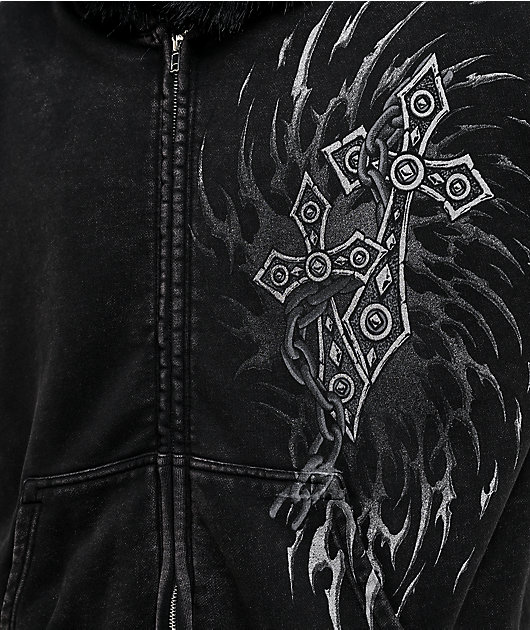 Affliction Decimation Faux Fur Black Zip Hoodie