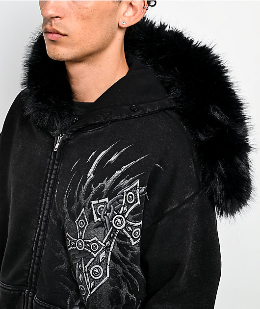 Affliction Decimation Faux Fur Black Zip Hoodie
