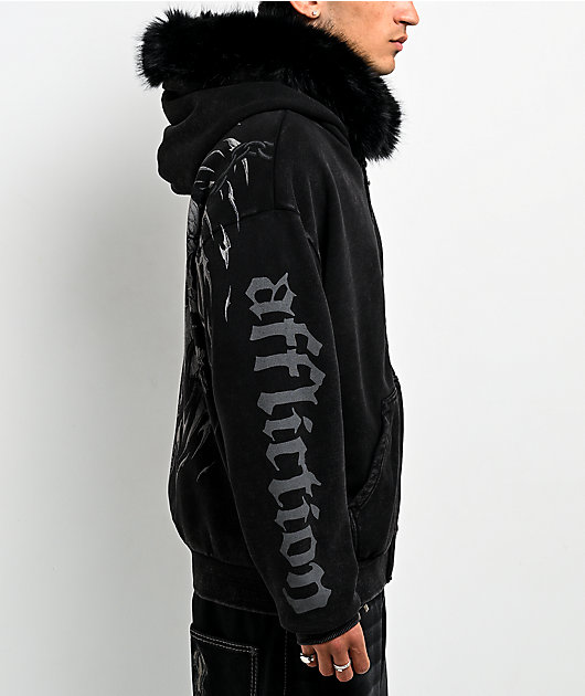 Affliction Decimation Faux Fur Black Zip Hoodie
