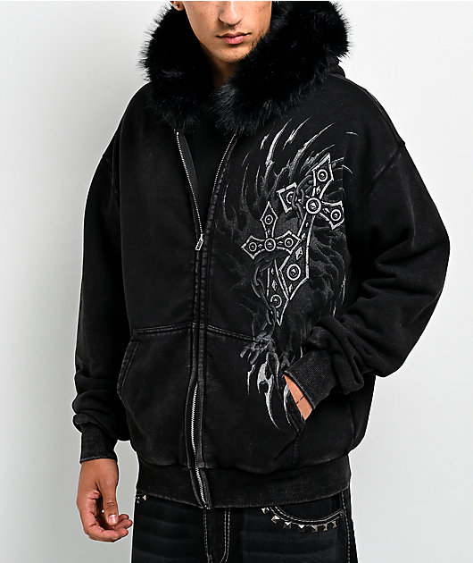 Affliction Decimation Faux Fur Black Zip Hoodie