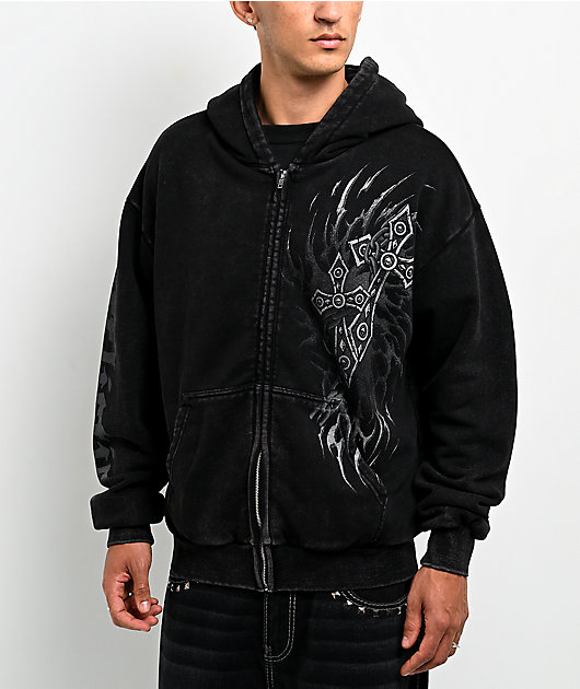 Affliction Decimation Faux Fur Black Zip Hoodie