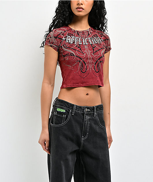 Affliction Divine Sorrow Dark Red Wash Crop T-Shirt