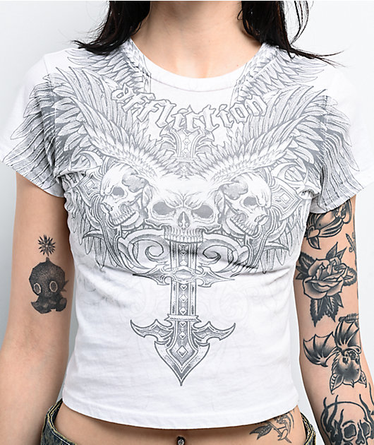 Affliction Elusive Afterlife White Crop T-Shirt | Zumiez