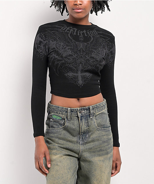 Affliction Ethereal Burial Black Thermal Long Sleeve Crop T-Shirt