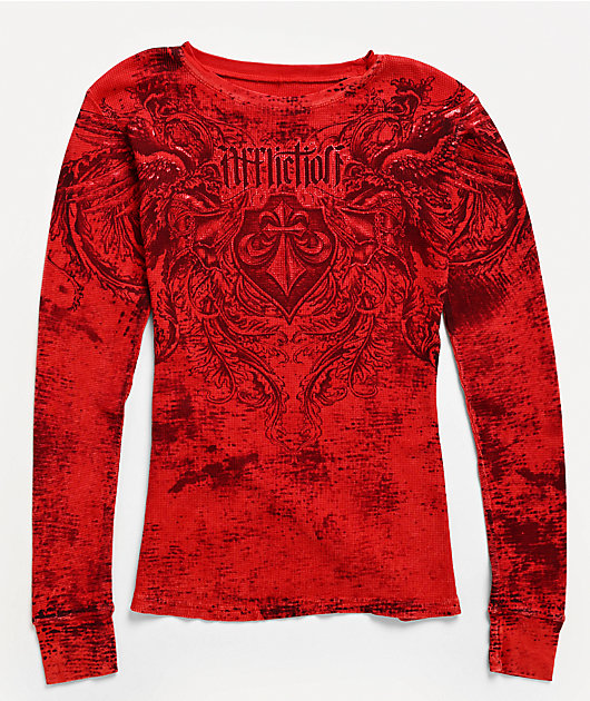 Affliction Fleuresque Red Wash Thermal Long Sleeve T-Shirt