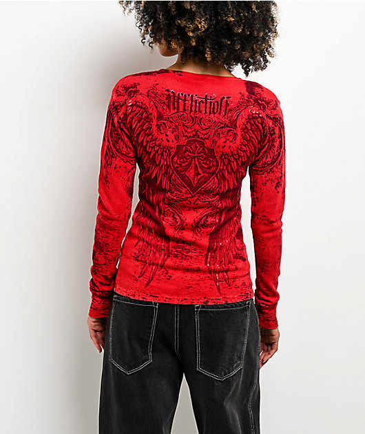 Affliction Fleuresque Red Wash Thermal Long Sleeve T-Shirt