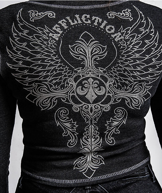 Affliction Iron Soul Notch Black Wash Thermal Long Sleeve Crop T-Shirt