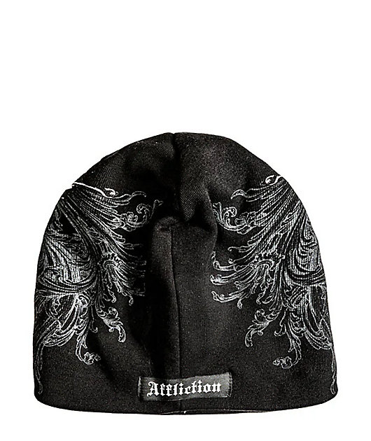 Affliction Jump Black Wash Reversible Skully Beanie