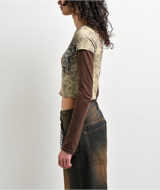 Affliction Jump Brown 2fer Long Sleeve Crop T-Shirt