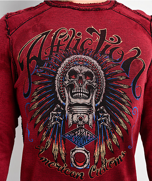 Affliction Native Auto Reversible Red & Black Wash Thermal Long Sleeve T-Shirt