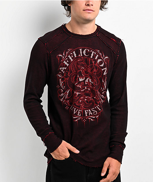 Affliction Native Auto Reversible Red Black Wash Thermal Long Sleeve T Shirt