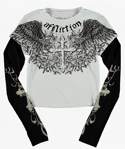 Affliction Ominous Shadow Black & White 2fer Long Sleeve Crop T-Shirt
