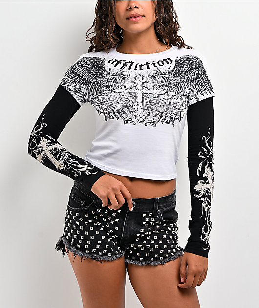 Affliction Ominous Shadow Black & White 2fer Long Sleeve Crop T-Shirt