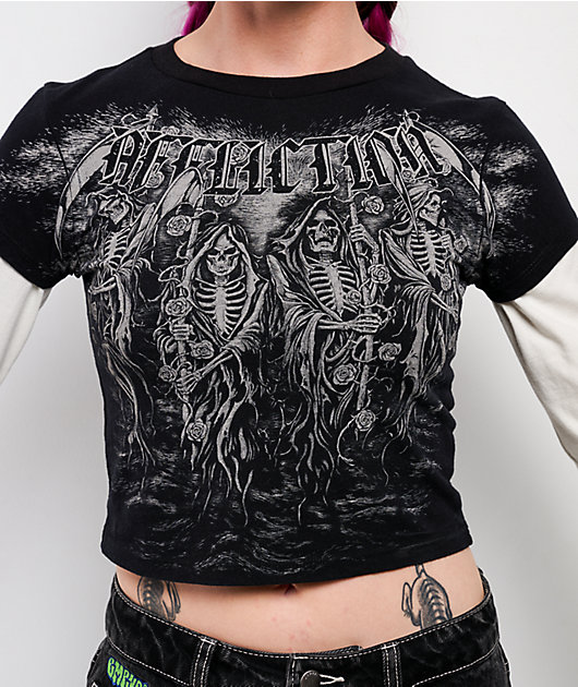 Affliction Requiem Frost Black & White 2fer Long Sleeve Crop T-Shirt