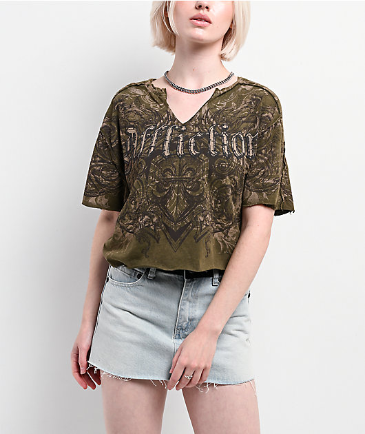 Affliction Residual Chaos Dark Green Crop T-Shirt