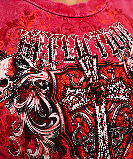 トップス PILE FLARE TANK TOPS Affliction Rival Chaos Tie Front Red Wash Crop Tank Top | Zumiez