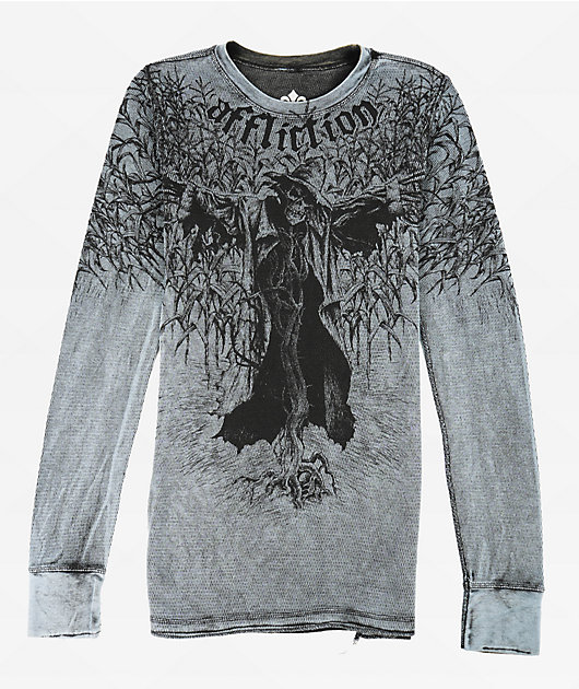 AFFLICTED アフリクテッド Affliction Scarecrow Grey Reversible Thermal Long Sleeve T-Shirt