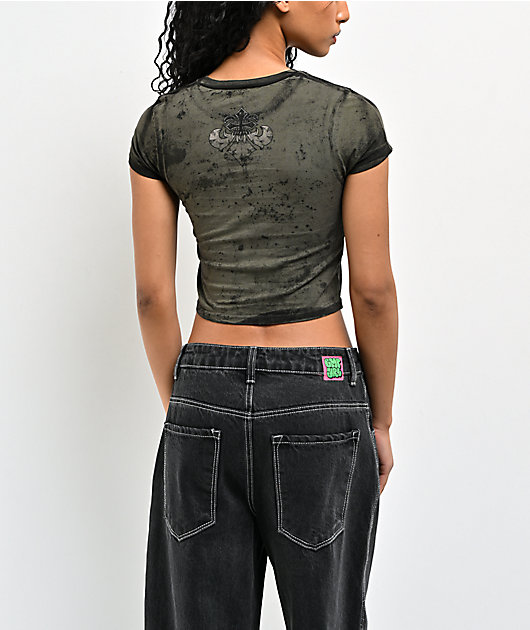 Affliction Screaming Earth Olive Green Wash Crop T-Shirt