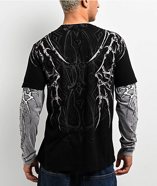 Affliction Skeleton Black Lava & Grey 2fer Long Sleeve T