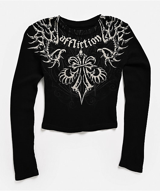 Affliction Skeleton Black Long Sleeve Thermal Crop T-Shirt