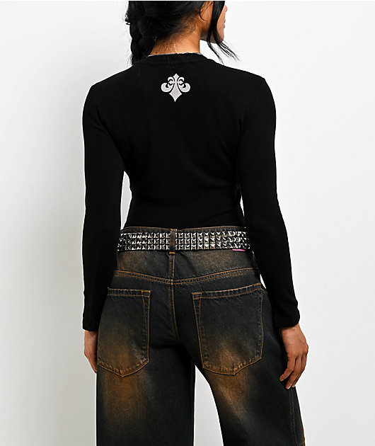 Affliction Skeleton Black Long Sleeve Thermal Crop T-Shirt