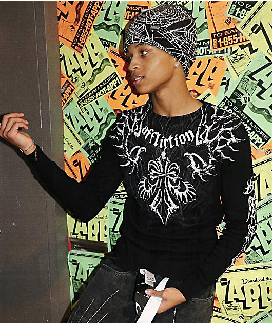 affliction スカル　サーマル カットソー 長袖 y2k 00s 黒　M Affliction Skeleton Black Thermal Long Sleeve T-Shirt | Zumiez