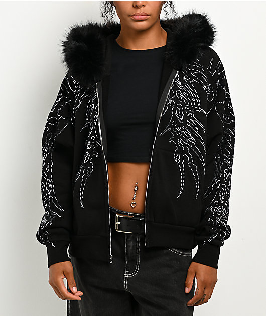 Affliction Skeleton Faur Fur Black Zip Hoodie