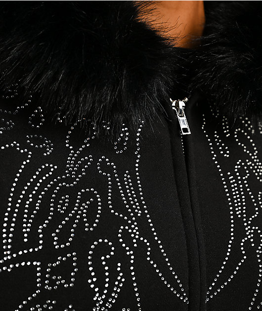 Affliction Skeleton Faux Fur Black Zip Hoodie