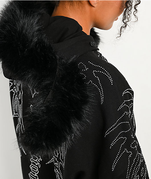 Affliction Skeleton Faux Fur Black Zip Hoodie